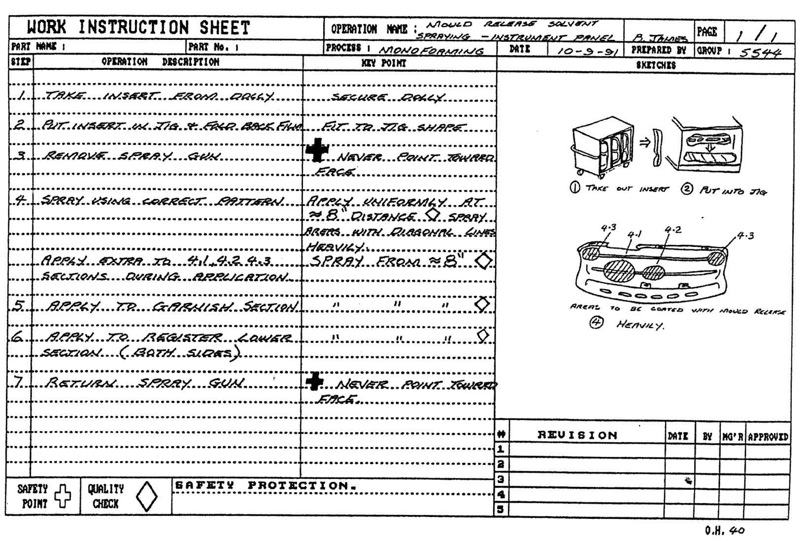A document titled “Work instruction Sheet” lists step-by-step instructions for spraying a parts mold with solvent. Safety tips and a diagram are included. 