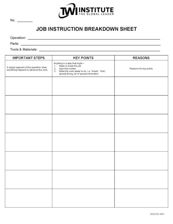 Job Instruction: Breakdown Sheet